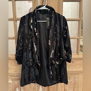 NEW. Black sequin striped blazer with rouched sleeves.